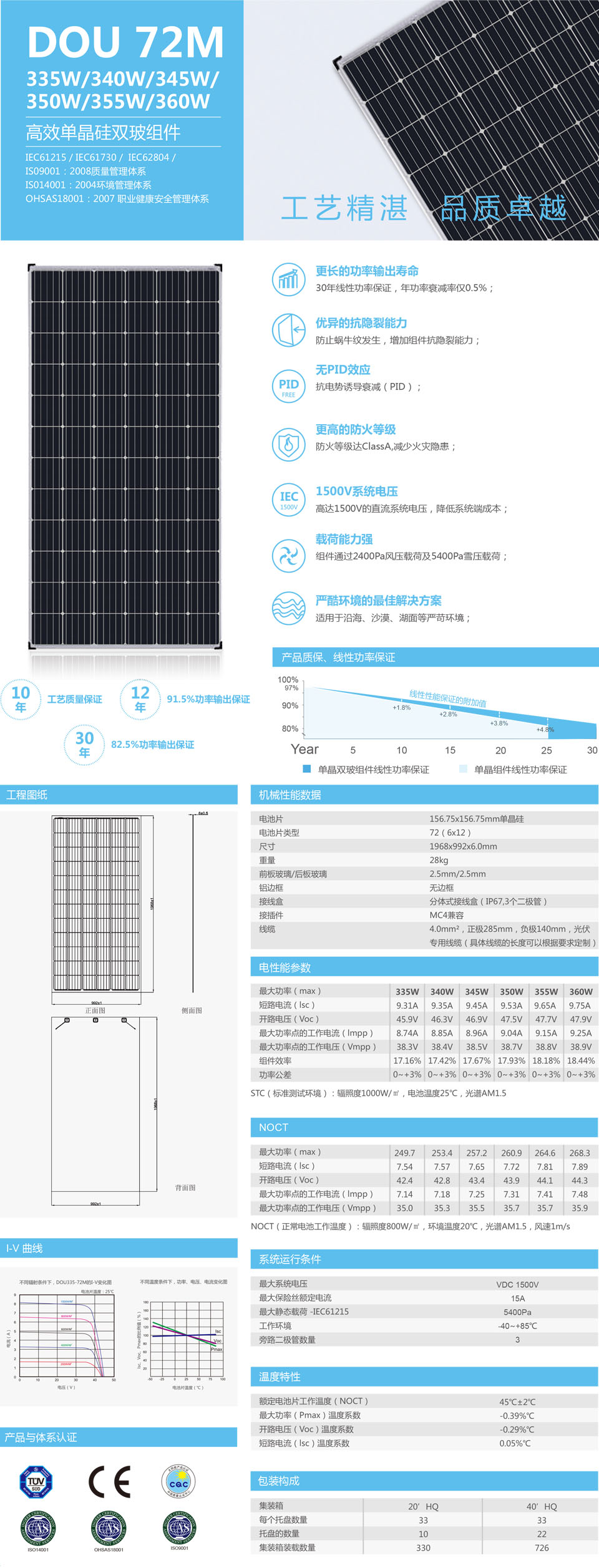 高效单晶335/340/345/350/355/360双玻组件